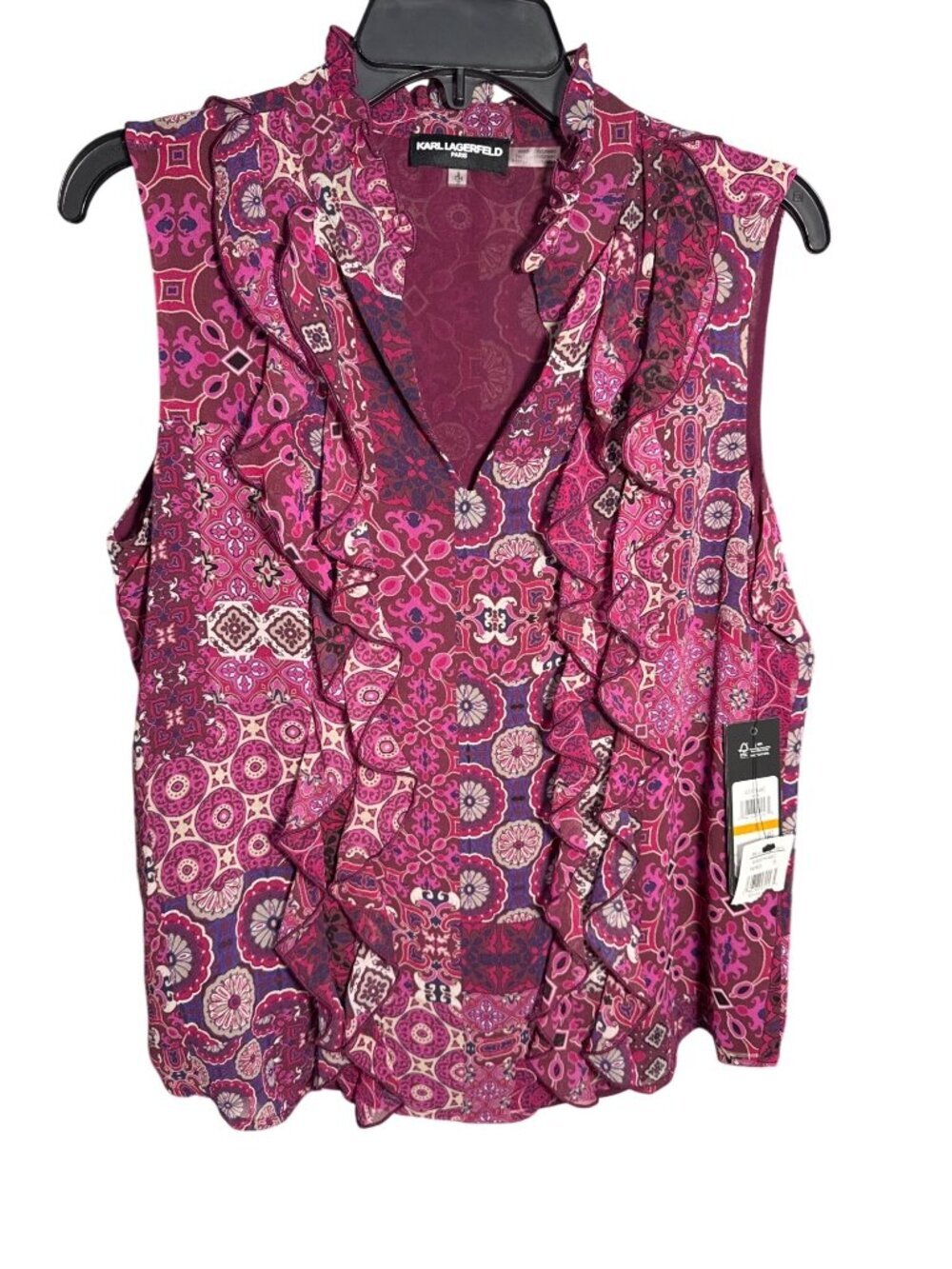 NWT Karl Lagerfeld Paris Ruffle Floral Blouse Small Magenta MSRP $89